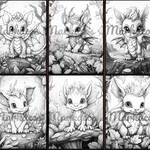 May include: Six black and white illustrations of cute, cartoon-style dragons with large eyes and wings. The dragons are in various poses and are surrounded by foliage and mushrooms.