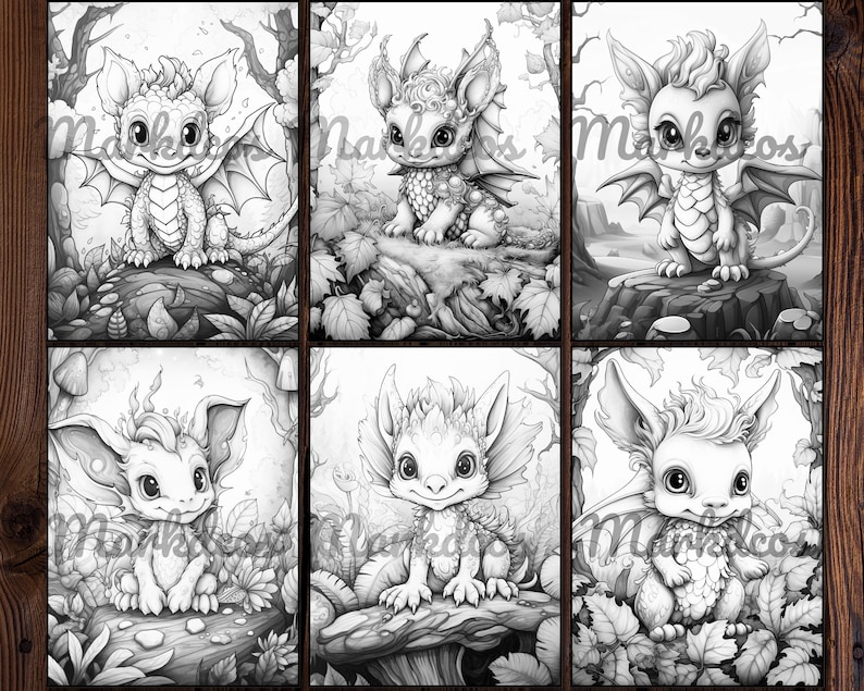 May include: Six black and white illustrations of cute, cartoon-style dragons with large eyes and wings. The dragons are in various poses and are surrounded by foliage and mushrooms.