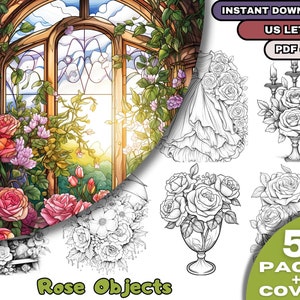 55 objetos de rosas para colorear, páginas para colorear para adultos y niños, descarga digital, libro para colorear en escala de grises, archivo PDF imprimible, carta de EE. UU.