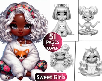 51 Sweet Girls Coloring Pages | Grayscale Coloring Book for Adults and Kids | Cute Babies, Fashion Girls |Printable PDF| Instant Download