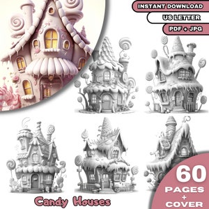 60 Candy Houses Coloring Book, Adults & Kids  Coloring Pages, Grayscale Coloring Book, Digital Download, Printable PDF File