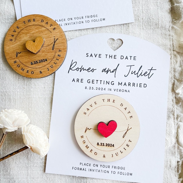 Personalized Raised Heart Wooden Save the Date Magnets + Card + Envelope, Wedding Magnets, Wedding Announcements