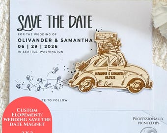 May include: A white Save the Date card featuring black text that reads Save the Date for the wedding of Olivander & Samantha 06 | 29 | 2026 in Seattle, Washington. A wooden car magnet with luggage on top is attached, engraved with the names and date.