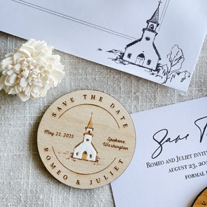 Boda personalizada de la Iglesia Blanca Guardar los imanes de fecha + tarjeta + sobre, imanes de boda, anuncios de boda, madera rústica