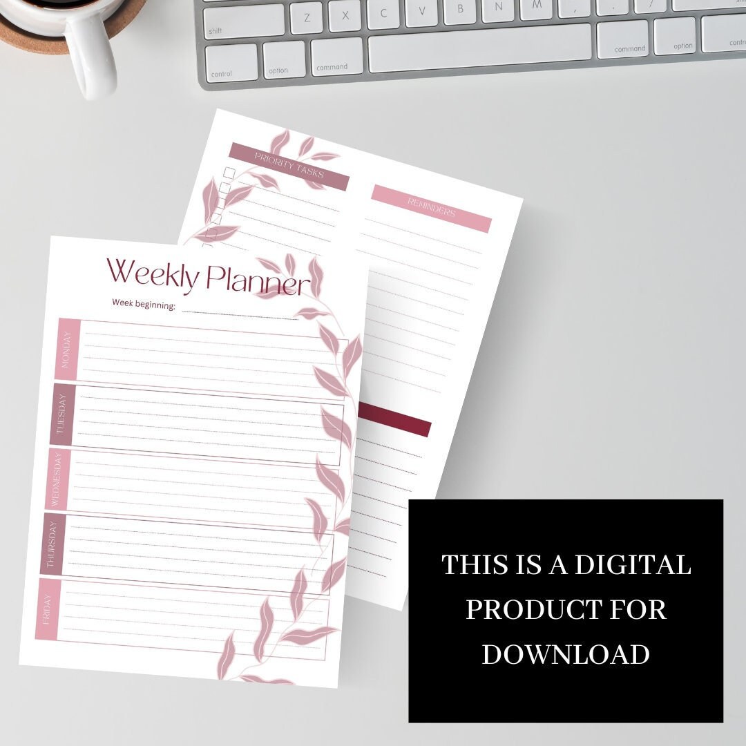 Weekly Planner Printable Blush A4 Size, Weekly Schedule, Weekly Agenda ...