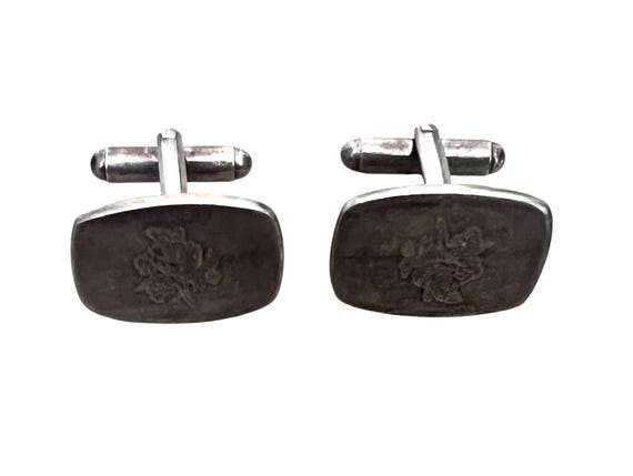 Vintage Rose Engraved Rectangular Silver Tone Met… - image 1