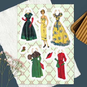 Noël vintage découpé feuille d'autocollant de poupée de papier | Cadeau d'autocollants de poupée de papier de Thanksgiving