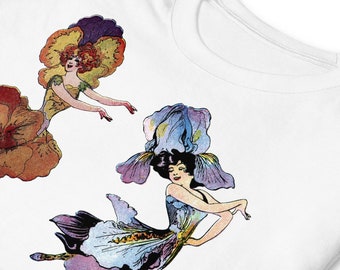 Kurzärmeliges Unisex-T-Shirt mit retro-&#39;&#39;Blumenkinder&#39;&#39;-Illustrationen