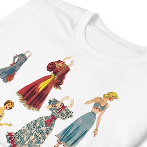 T-shirt unisex a manica corta con bambola di carta moda vintage