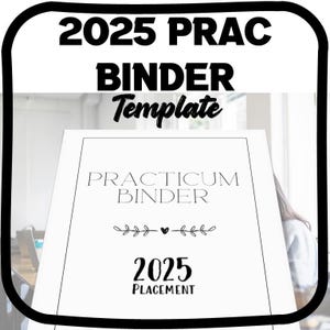 Op de afbeelding: Een zwart-witte printbare binder-sjabloon voor een stageplaats in 2025. De sjabloon bevat de tekst "Practicum Binder" en "2025 Placement" met een eenvoudig bloemmotief.