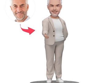 Personalized Boss Day Bobblehead in Elegant White Suit - Unique Handshake Gesture Figurine