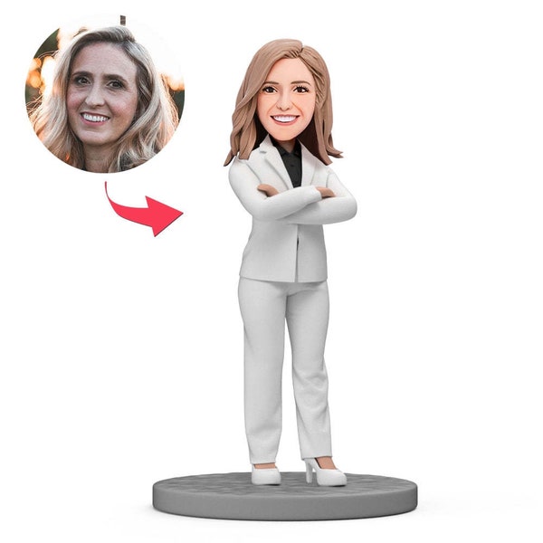 Custom Lady Boss Bobblehead in White Suit - Personalized Boss's Day Gift
