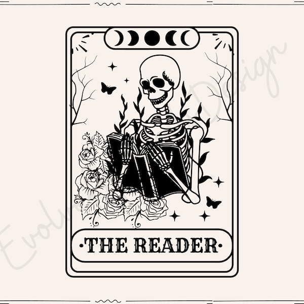 De lezer tarot kaart SVG, de lezer SVG, lezen SVG, boek minnaar SVG, skelet lezen SVG, Booktrovert SVG, lezer SVG, Tarot kaart SVG