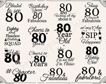 May include: A collection of 12 black and white graphic designs featuring the number 80 and various celebratory phrases. The designs include "Blessed to see 80", "Birthday Queen 80 Fabulous", "80 and Winning all day about it", "Sassy 80 Classy Fabulous", "Eighty and Flawless Birthday Squad", "Cheers to 80 Years", "80 Year Old", "at my Age SIP Happens", "Hello 80th", "Cheers to 80 Years", "80 I'm not Old I'm Classic", "80 Birthday Crew", "#Chapter 80", "80 & Fabulous", and "80 & fabulous".