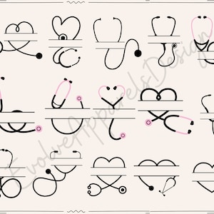 Stéthoscope Split monogramme svg Bundle, stéthoscope coeur, fichier coupe Svg médecin, infirmière Clipart, Svg médical, battement de coeur Svg, infirmière svg