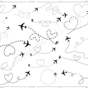 Airplane path bundle SVG PNG Files for cutting machines, digital clipart, plane route, heart path, dotted lines,dashed lines,Airplane Bundle