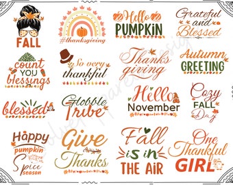 Op de afbeelding: Een verzameling van 12 herfst-thema digitale ontwerpen met verschillende zinnen en afbeeldingen. De ontwerpen bevatten zinnen zoals "Hello Pumpkin", "Grateful and Blessed", "Count Your Blessings", "So Very Thankful", "Gobble Tribe", "Happy Pumpkin Spice Season", "Give Thanks", "Fall is in the Air", en "One Thankful Girl". De afbeeldingen bevatten een pompoen, een regenboog, bladeren en een kabouter.