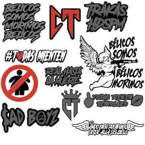 May include: A collection of 14 black and white iron-on patches with various designs, including a winged angel holding a gun, a crown, a middle finger, and text in Spanish. The text includes "Bélicos Somos Morimos", "Trakas HDSPM", "Real Hasta La Muerte", "#Todas Mienten", and "Todas Tienen Reemplazo".