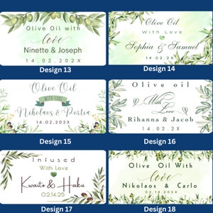 Puede incluir: Ocho dise&ntilde;os diferentes para etiquetas de botellas de aceite de oliva. Cada etiqueta presenta un dise&ntilde;o de rama de olivo verde sobre fondo blanco. Las etiquetas incluyen el texto "Aceite de oliva" y los nombres de las parejas, junto con la fecha.