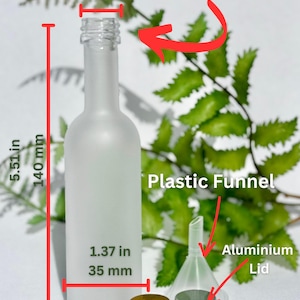 May include: Frosted glass 50 ml long neck bottle, 5.51 inches (140 mm) tall, with a 0.73 inch (18.7 mm) opening and a 1.37 inch (35 mm) base. Includes a plastic stopper, plastic funnel, and aluminum lid.