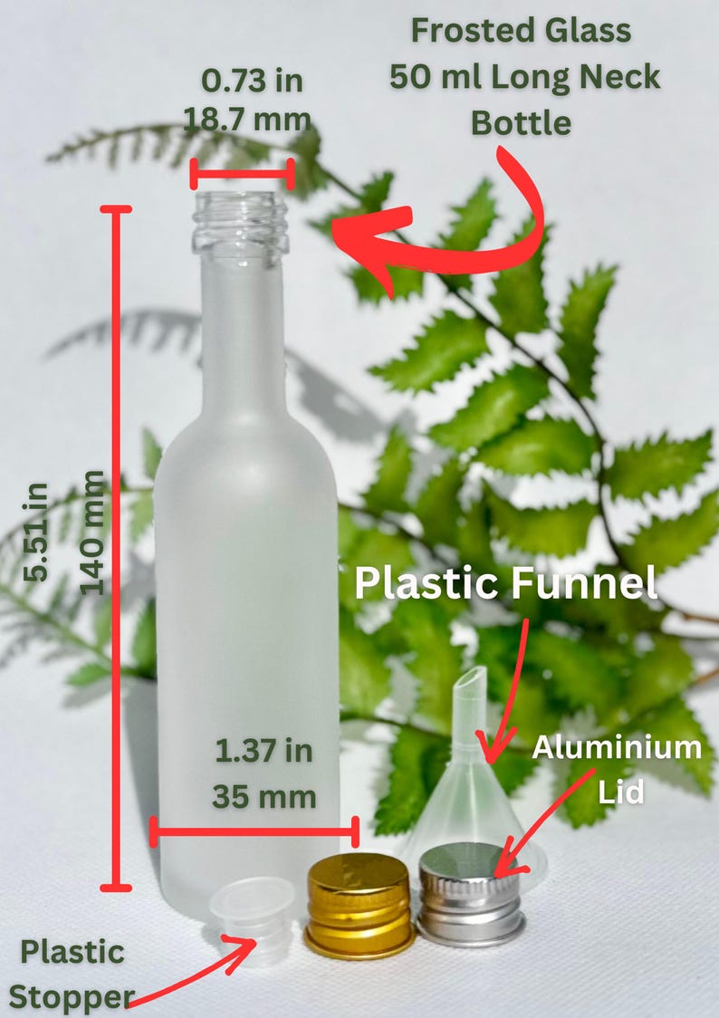 May include: Frosted glass 50 ml long neck bottle, 5.51 inches (140 mm) tall, with a 0.73 inch (18.7 mm) opening and a 1.37 inch (35 mm) base. Includes a plastic stopper, plastic funnel, and aluminum lid.