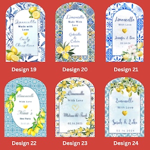 May include: Six designs of Limoncello labels with watercolor lemon and floral accents. Each label features names and dates, with designs including blue and white tile patterns and floral arrangements. Designs 19, 20, 21, 22, 23, and 24 are shown.
