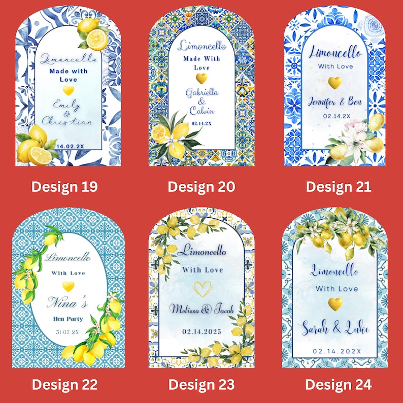 May include: Six designs of Limoncello labels with watercolor lemon and floral accents. Each label features names and dates, with designs including blue and white tile patterns and floral arrangements. Designs 19, 20, 21, 22, 23, and 24 are shown.