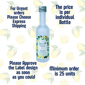 May include: A small, frosted glass bottle with a silver screw cap. The label features a lemon pattern, the text "Limoncello With Love", a heart icon, "Aaron's Bar Mitzvah", and the date "12.18.2025". The background is a repeating lemon print.