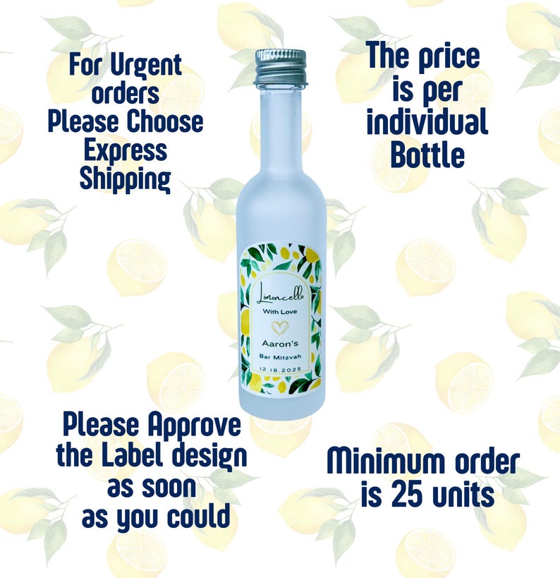 May include: A small, frosted glass bottle with a silver screw cap. The label features a lemon pattern, the text "Limoncello With Love", a heart icon, "Aaron's Bar Mitzvah", and the date "12.18.2025". The background is a repeating lemon print.