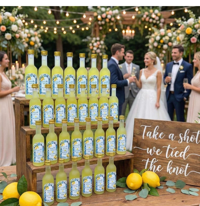 May include: A display of small glass bottles filled with yellow liquid, arranged on wooden crates. Each bottle has a gold cap and a label with a blue and white design. The bottles are part of a wedding reception, with a sign that says "Take a shot we tied the knot."