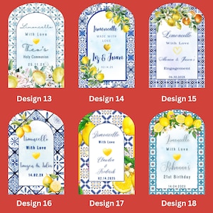 May include: A collection of six arched labels with a blue and white tile design, each featuring the word "Limoncello" and personalized text. The labels include lemon illustrations and are designed for various occasions.