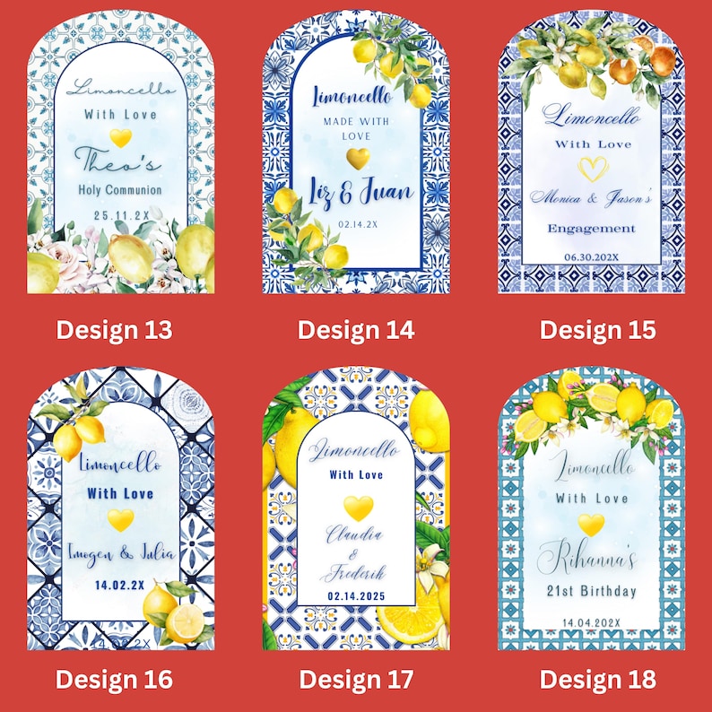 May include: A collection of six arched labels with a blue and white tile design, each featuring the word "Limoncello" and personalized text. The labels include lemon illustrations and are designed for various occasions.