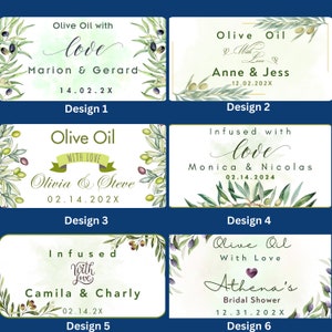 Puede incluir: Seis dise&ntilde;os diferentes para etiquetas de botellas de aceite de oliva con ramas de olivo acuarela y el texto "Aceite de oliva" e "Infundido con amor". Las etiquetas presentan diferentes nombres y fechas.