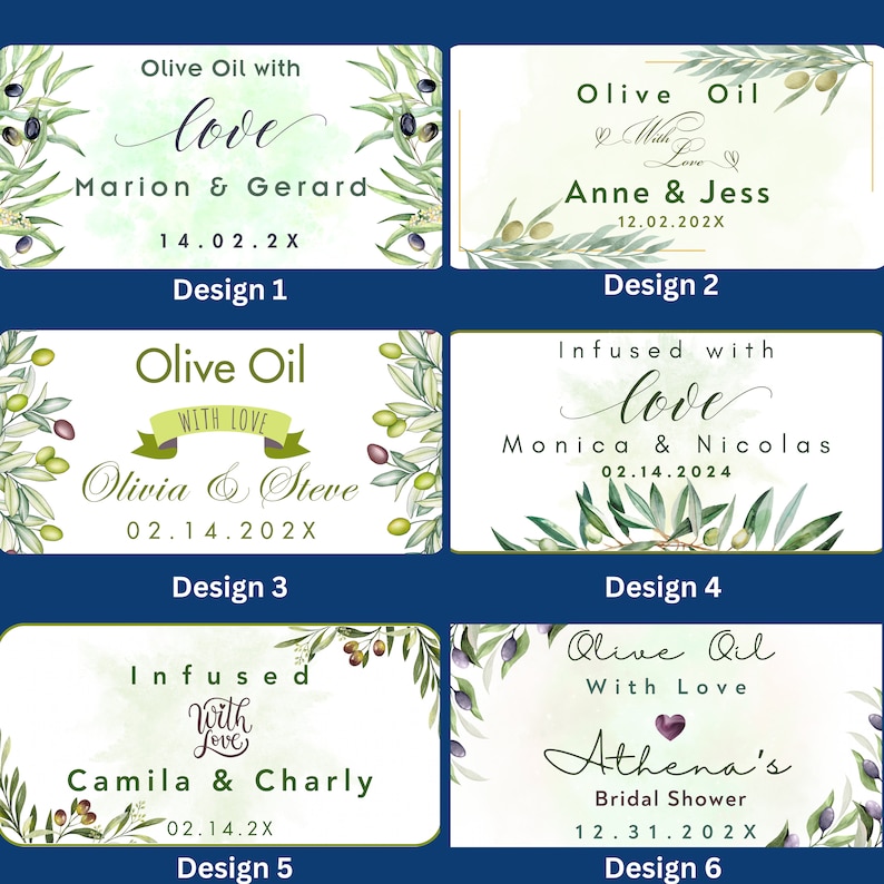 Puede incluir: Seis dise&ntilde;os diferentes para etiquetas de botellas de aceite de oliva con ramas de olivo acuarela y el texto "Aceite de oliva" e "Infundido con amor". Las etiquetas presentan diferentes nombres y fechas.
