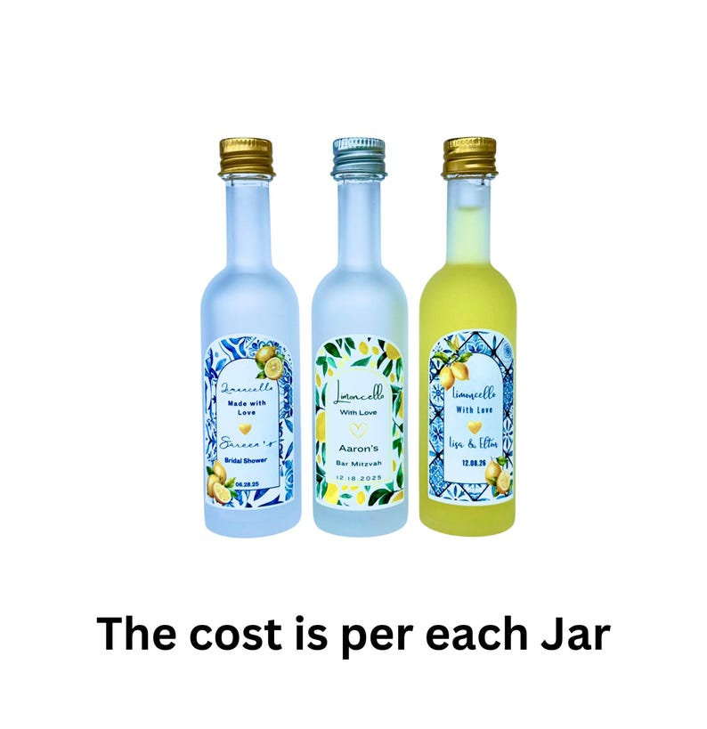 May include: Three small limoncello bottles with gold, silver, and gold caps. Each bottle has a label with text and a lemon design. The bottles are filled with clear and yellow liquid. The labels read "Limoncello Made with Love" and "Limoncello With Love".