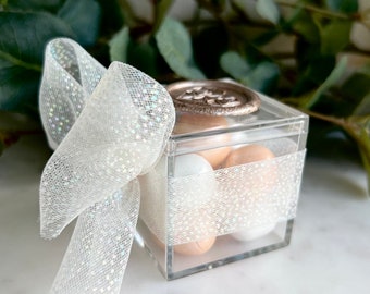 Acrylic Favor Boxes | Almond, Chocolate, Tulle Ribbon, Wax Seal