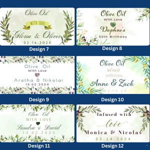 Puede incluir: Doce dise&ntilde;os diferentes para etiquetas de aceite de oliva con ilustraciones de acuarela de ramas y hojas de olivo. Las etiquetas incluyen texto como "Aceite de oliva con amor", "Infundido con amor" y "50 cumplea&ntilde;os".