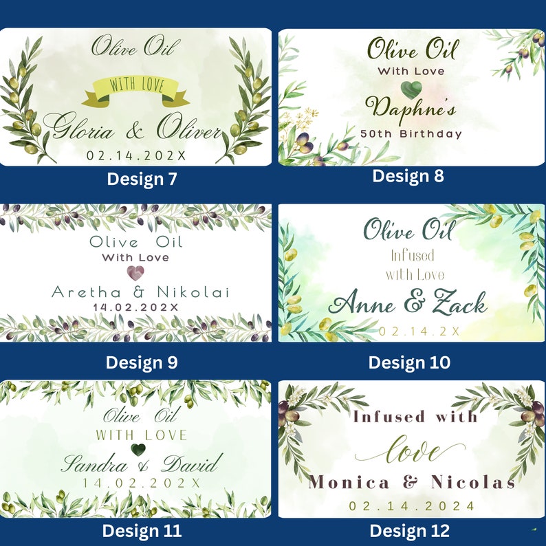Puede incluir: Doce dise&ntilde;os diferentes para etiquetas de aceite de oliva con ilustraciones de acuarela de ramas y hojas de olivo. Las etiquetas incluyen texto como "Aceite de oliva con amor", "Infundido con amor" y "50 cumplea&ntilde;os".