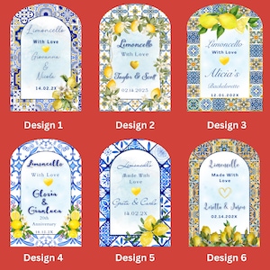 May include: Six arched labels with a blue and yellow tile design, featuring the text "Limoncello With Love" and personalized names and dates. Each label showcases lemons and floral accents, perfect for events.
