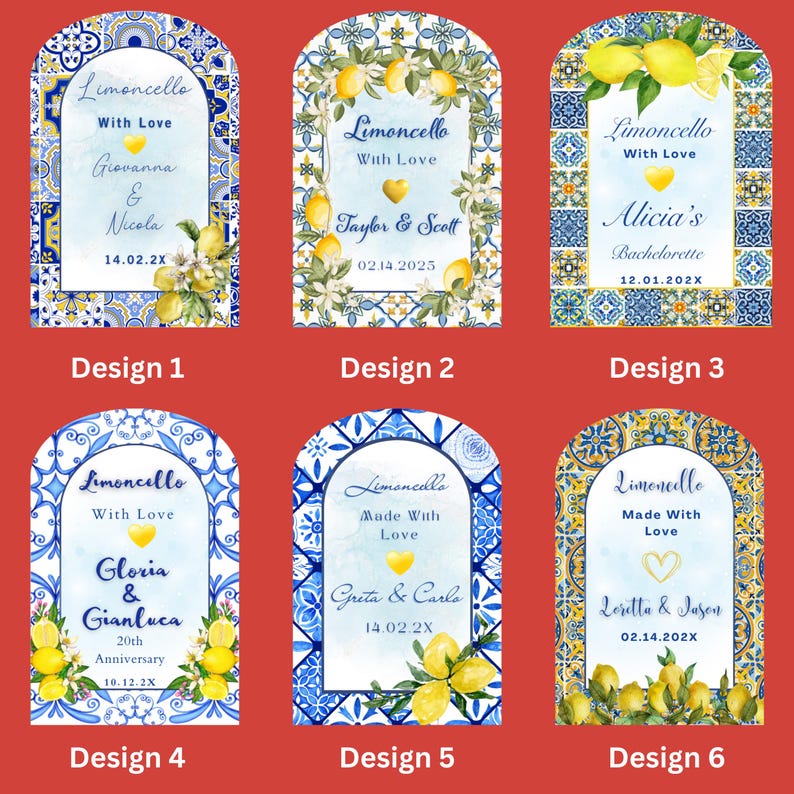 May include: Six arched labels with a blue and yellow tile design, featuring the text "Limoncello With Love" and personalized names and dates. Each label showcases lemons and floral accents, perfect for events.