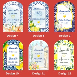 May include: Set of six arched labels with the text "Limoncello With Love" and various names and dates. Designs feature watercolor lemons, floral accents, and decorative borders in blue and yellow.
