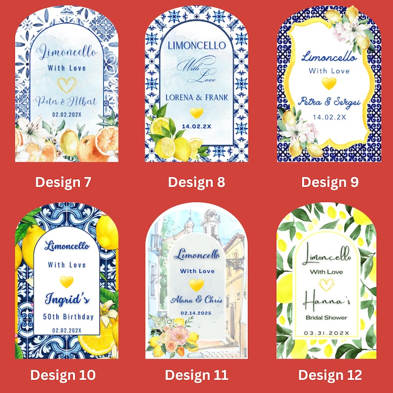 May include: Set of six arched labels with the text "Limoncello With Love" and various names and dates. Designs feature watercolor lemons, floral accents, and decorative borders in blue and yellow.