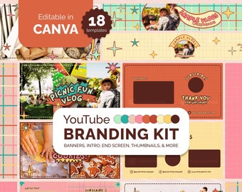 YouTube Branding Kit Colorful, Brand Kit for Content Creator, Lifestyle Family Kids, YT Banner, Intro, Outro, Thumbnails, Editable in Canva