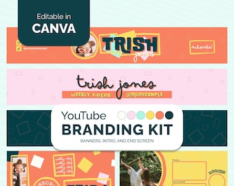 YouTube ブランディング キット アブストラクト、コンテンツ クリエイター向けブランド キット、YT バナー、イントロ アウトロ ビデオ、サムネイル、Canva で編集可能、幾何学的形状