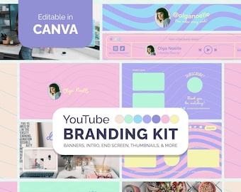 YouTube Branding Kit Cute, Brand Kit für Content Ersteller, YouTube Banner, Intro Outro, Video Miniaturbilder, Bearbeitbar in Canva, Pastel Candy UI