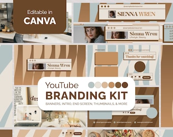 YouTube ブランディング キット ブラウン、コンテンツ クリエイター向けブランド キット、YouTube バナー、イントロ アウトロ、ビデオ サムネイル、Canva で編集可能、シャンパン ウェーブ