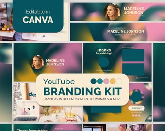 Kit di branding YouTube con gradiente minimo in tavolozza audace, kit di branding per creatore di contenuti, banner e introduzione YT, miniature video, modello Canva