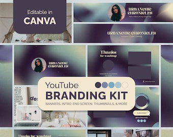 May include: A YouTube branding kit with a purple and blue gradient background. The kit includes banners, intro and end screens, thumbnails, and more. The text "YouTube Branding Kit" is in white and the text "Banners, Intro, End Screen, Thumbnails, & More" is in a lighter shade of purple. The kit also includes a logo with the text "KloudCanvas" in white.