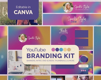 Kit di branding YouTube con gradiente minimo in colori giocosi, kit di branding per creatore di contenuti, banner e introduzione YT, miniature video, modello Canva