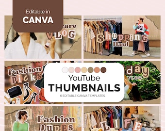 May include: Six colorful YouTube thumbnail templates with text overlays. The thumbnails feature images of clothing, fashion accessories, and lifestyle scenes. The text includes "Shopping Haul", "Fashion Picks", "Day Vlog", "Fashion Dupes", and "Life Lately".
